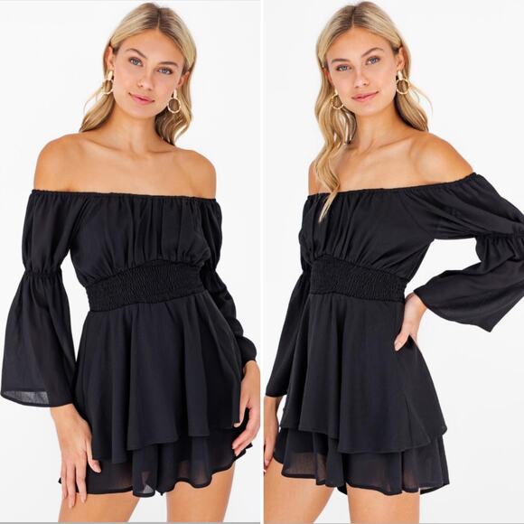 Le Lis S Black Chiffon Smocked Ruffle Asymmetrical Short Mini Prairie Romper - Picture 1 of 9